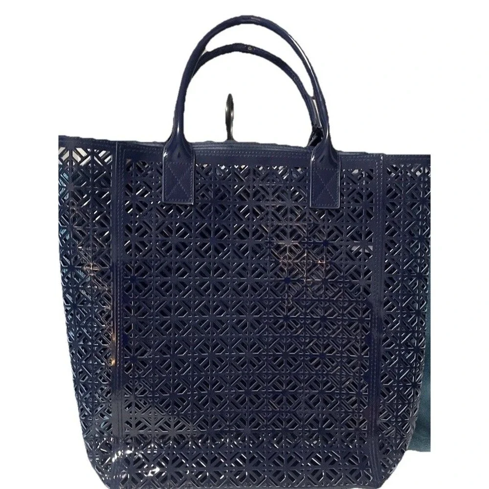 Tory Burch Navy Laser Cut PVC Patent Tote Shopper Beach Bag Geometric Large